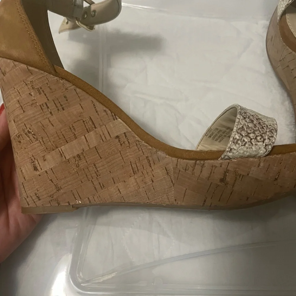 Mark Fisher beige suede and snake embossed ankle strap cork‎ wedges.